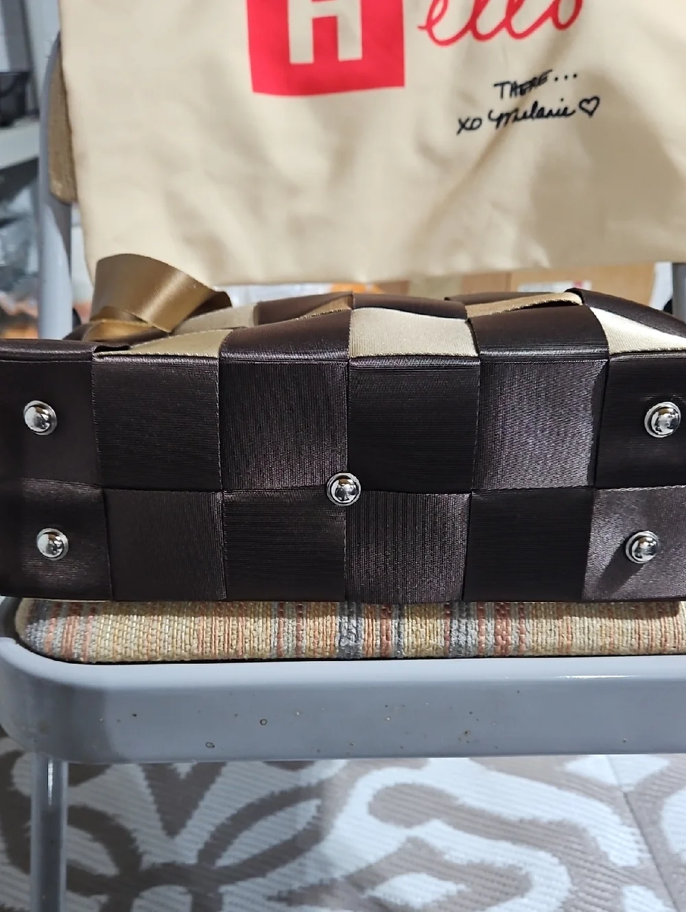 Comely Woven Checker Seat belt Tote Bag in Brown & Gold - With Dust Cover - Picture 3 of 4